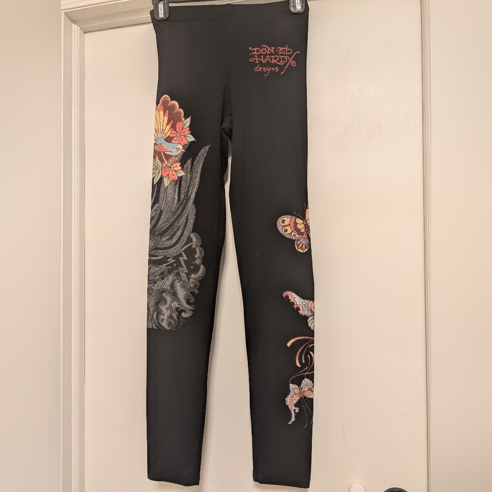 Ed Hardy Black Graphic Leggings Tattoo Butterfly Print Size S